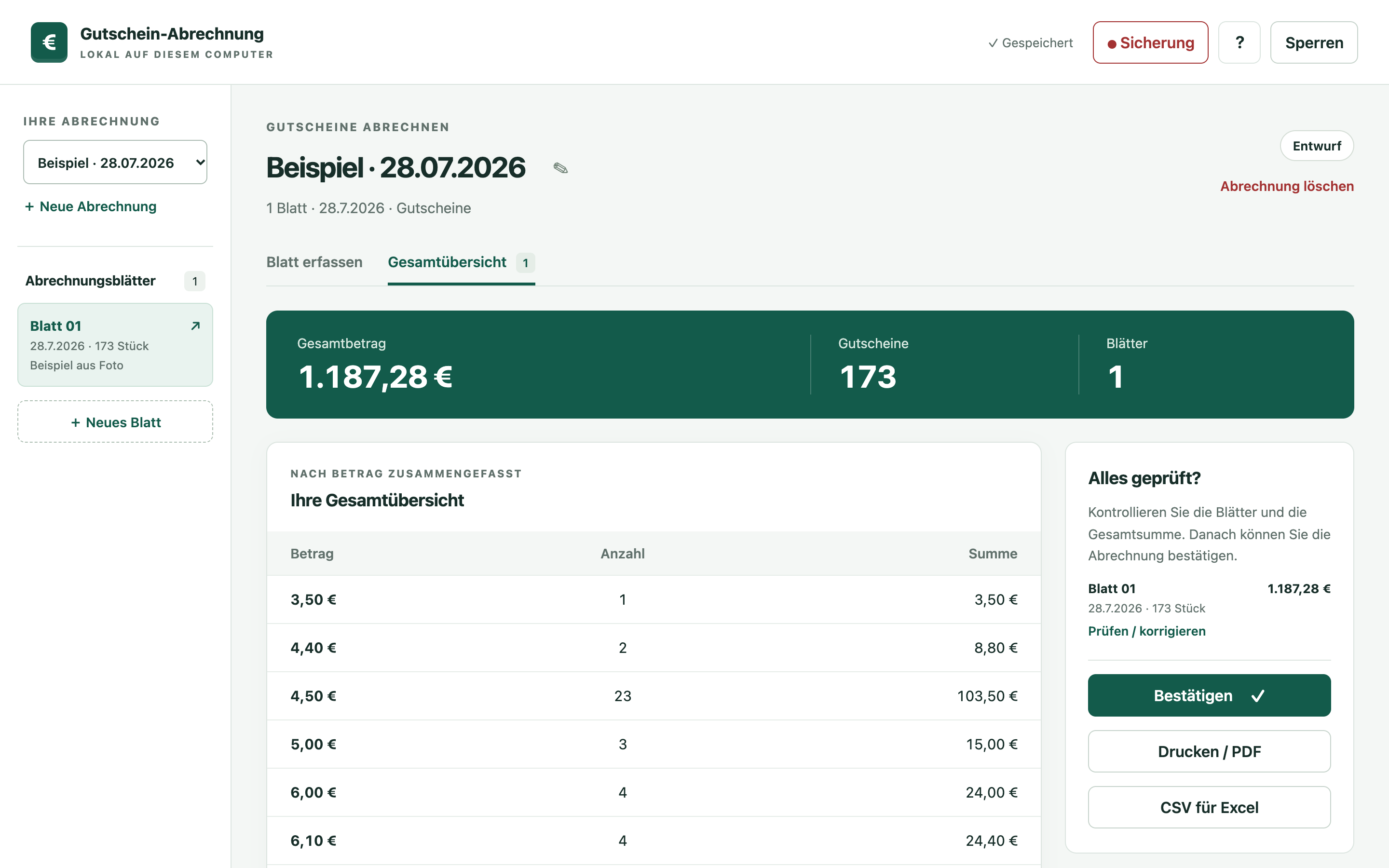 Gutschein-Abrechnung am PC: Gesamtübersicht über alle Blätter mit Tabelle nach Betrag, Beispieldaten